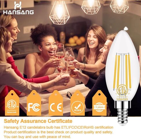 hansang e12 لمبة شمعدان LED 2700K أبيض دافئ، 40W ما يعادل نوع B مصابيح كهربائية، 4W شكل شمعة B11 لمبة LED للثريا، خيوط LED مع زجاج شفاف، 120 فولت، 400LM، 6 عبوات، غير قابلة للتعتيم in Kuwait