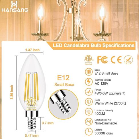 hansang e12 لمبة شمعدان LED 2700K أبيض دافئ، 40W ما يعادل نوع B مصابيح كهربائية، 4W شكل شمعة B11 لمبة LED للثريا، خيوط LED مع زجاج شفاف، 120 فولت، 400LM، 6 عبوات، غير قابلة للتعتيم in Kuwait