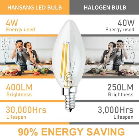 hansang e12 لمبة شمعدان LED 2700K أبيض دافئ، 40W ما يعادل نوع B مصابيح كهربائية، 4W شكل شمعة B11 لمبة LED للثريا، خيوط LED مع زجاج شفاف، 120 فولت، 400LM، 6 عبوات، غير قابلة للتعتيم in Kuwait