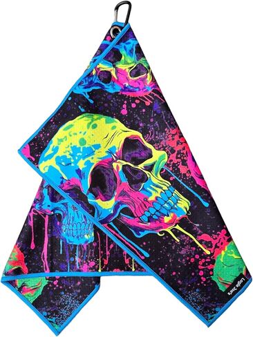 منشفة حقيبة جولف من الألياف الدقيقة من Logie Joe's Neon Paint Splatter Trippy Skulls، مقاس 23.5 بوصة × 15.5 بوصة، عالية الجودة مزدوجة الجوانب، مشبك حلقة تسلق، للرجال والنساء والأطفال in Kuwait