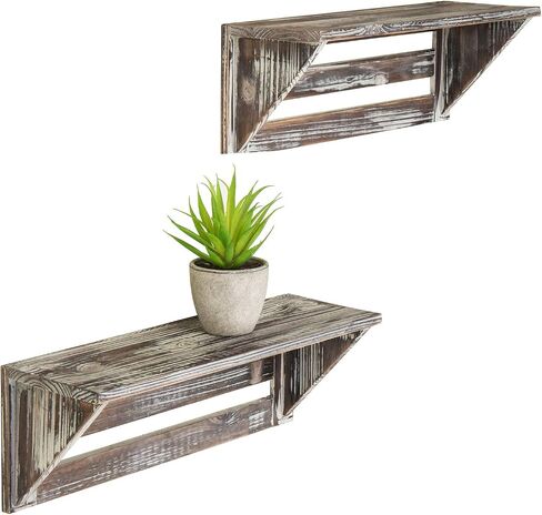 MyGift Set of 2 Vintage Torched Brown Wood 16-Inch Wall Mounted Floating Shelves, Rustic Farmhouse Wooden Hanging Decorative Storage Display Shelf in Saudi Arabia