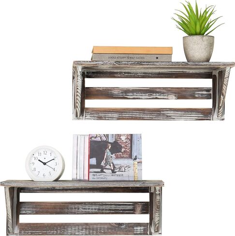MyGift Set of 2 Vintage Torched Brown Wood 16-Inch Wall Mounted Floating Shelves, Rustic Farmhouse Wooden Hanging Decorative Storage Display Shelf in Saudi Arabia