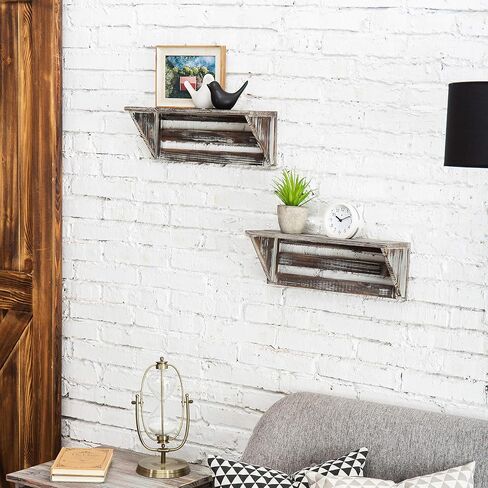 MyGift Set of 2 Vintage Torched Brown Wood 16-Inch Wall Mounted Floating Shelves, Rustic Farmhouse Wooden Hanging Decorative Storage Display Shelf in Saudi Arabia