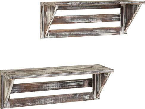 MyGift Set of 2 Vintage Torched Brown Wood 16-Inch Wall Mounted Floating Shelves, Rustic Farmhouse Wooden Hanging Decorative Storage Display Shelf in Saudi Arabia