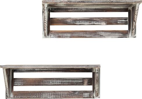 MyGift Set of 2 Vintage Torched Brown Wood 16-Inch Wall Mounted Floating Shelves, Rustic Farmhouse Wooden Hanging Decorative Storage Display Shelf in Saudi Arabia