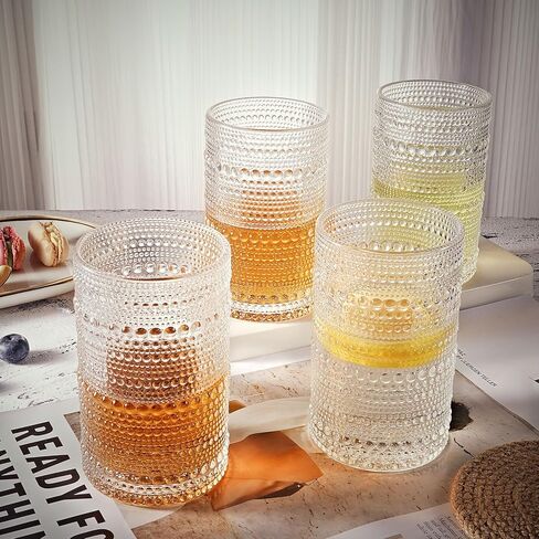 Hobnail شرب نظارات الموضة القديمة الزجاج 10OZ الصخور مجموعة من 4 أكواب عصير الماء كوكتيل خمر الأواني الزجاجية مجموعة هدية للرجال والنساء in Saudi Arabia