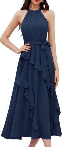GRACE KARIN Women's 2024 Summer Sleeveless Halter Neck Ruffle Hem Split Flowy Swing Long Midi Dress with Belt in Kuwait