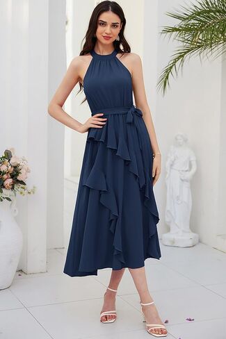 GRACE KARIN Women's 2024 Summer Sleeveless Halter Neck Ruffle Hem Split Flowy Swing Long Midi Dress with Belt in Kuwait