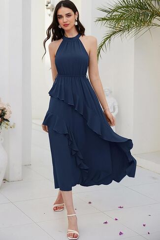GRACE KARIN Women's 2024 Summer Sleeveless Halter Neck Ruffle Hem Split Flowy Swing Long Midi Dress with Belt in Kuwait