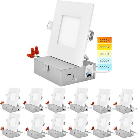 LUXRITE 4 Inch Ultra Thin Square LED Recessed Lighting, 5 Color Temperature Options 2700K - 5000K, Dimmable LED Downlight, 10W, IC Rated, Wet Rated, Canless LED Recessed Light, ETL Listed (4 Pack) in Saudi Arabia