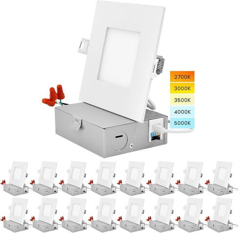 LUXRITE 4 Inch Ultra Thin Square LED Recessed Lighting, 5 Color Temperature Options 2700K - 5000K, Dimmable LED Downlight, 10W, IC Rated, Wet Rated, Canless LED Recessed Light, ETL Listed (4 Pack) in Saudi Arabia