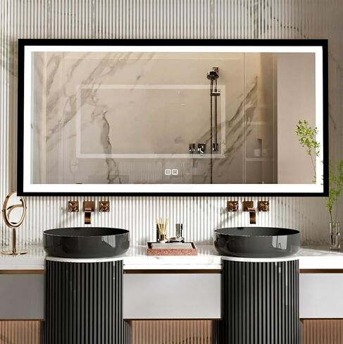 مرايا حمام LED مقاس 60 × 36 للجدار - مرآة زينة مضادة للضباب بإطار من الألومنيوم الأسود مع أضواء، قابلة للتعتيم، مضادة للضباب، ذاكرة، مقاومة للكسر، مرآة ذكية بثلاثة ألوان، إضاءة خلفية وأمامية in Saudi Arabia