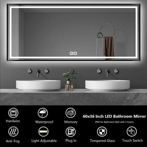 مرايا حمام LED مقاس 60 × 36 للجدار - مرآة زينة مضادة للضباب بإطار من الألومنيوم الأسود مع أضواء، قابلة للتعتيم، مضادة للضباب، ذاكرة، مقاومة للكسر، مرآة ذكية بثلاثة ألوان، إضاءة خلفية وأمامية in Saudi Arabia