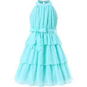 Move Dance Girls Halter Neck Dress Summer Flared A-Line Swiss Dot Chiffon Sundress 6-13 Years Old