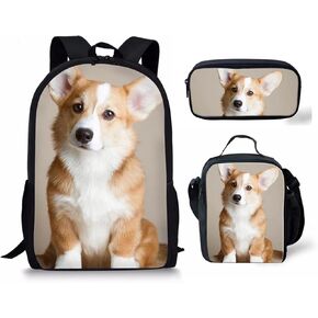 Buybai Cute Corgi Dog Print Children School Backpack Travel Bag Set 3 Piece Teens Shoulder Backpack Lunch Box Pen Holder Organizer