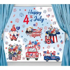 9 Sheet Happy 4th of July Window Clings Watercolor Patriotic Gnome Eagle Firework Truck Window Decals Double-Sided Independence Day Window Stickers for Home Kitchen School Holiday Decor