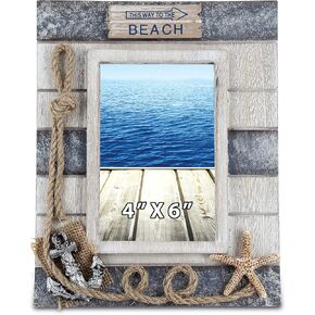CoTa Global Silver Sea Nautical Photo Frame 4x6 - Handcrafted Wooden Nautical Photo Frame for Tabletop Display or Hanging Beach Themed Home Decor, Color May Vary