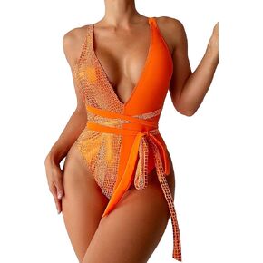 WDIRARA Women's One Piece Shiny Plunge Neck High Cut Swimsuit Tummy Control Bathing Suit