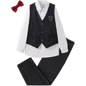 LOLANTA Boys Vest Pants Set Plaid Dress Suit with Shirt Kids Tuxedo Formal Wedding Ring Bearer Outfit