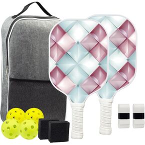Pickleball Paddles Set of 2 Fiberglass Pickleball for Beginners with 2 Outdoor and 2 Indoor Pickleball Balls, 2 Grip Tapes, 2 Pickleball Paddle Eraser Pickle Ball Rackets
