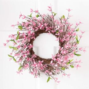 Collections Etc Spring Forsythia Floral Twig Door Wreath - Seasonal Door Accent for Any Room, Pink
