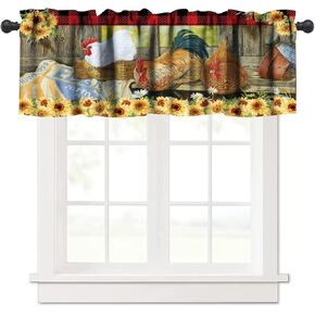 Rooster Sunflower Wooden Valance Curtain Plank Texture Chicken Hen Short Window Valance Curtains for Kitchen, Living Room, Bedroom, Bathroom Decor with Rod Pocket 54x18in