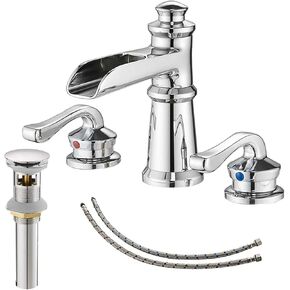 Chrome Bathroom Sink Faucet, Bathroom Faucet 3 Hole, Widespread Bathroom Faucet, 8 Inch Waterfall 2 Handle with Pop Up Drain with Overflow Set Polished Vanity Mixer Tap Commercial Modern