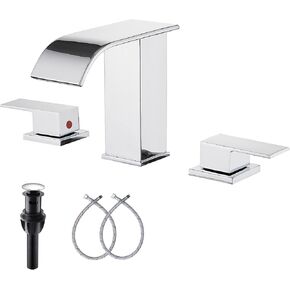 Bathroom Faucet Matte Black Modern GGStudy 2 Handles 4 Inches Centerset RV Black Waterfall Bathroom Vanity Faucet with Drain Assembly