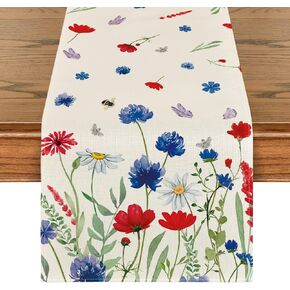Artoid Mode Daisy 4th of July Table Runner, Memorial Day Seasonal Holiday Kitchen Dining Table Decoration for Home Party 13x72 Inch
