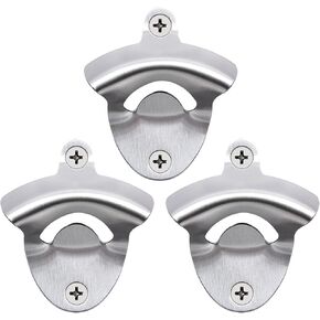 Stainless Steel Bottle Cap Opener Wall Mounted Beer Opener Screw In Brushed Silver (Pack of 3)