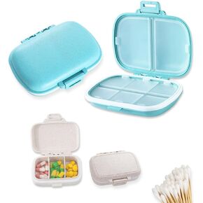 Travel Pill Organizer,Portable Pill Container Medicine Vitamin Organizer，Travel Pill Storage Box，8 Compartments Portable Pill Case and 3 Removable Compartments Pill Box,Free a Pack of Cotton swabs.
