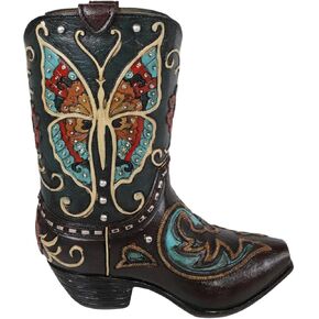 Ebros Gift Rustic Western Country Turquoise and Red Fancy Butterfly with Heart Brown Faux Tooled Leather Cowgirl Cowboy Boot Decorative Flower Bouquet Vase Or Planter Figurine 7" High