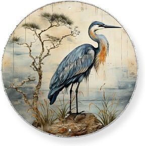 Wreath Sign Round Tin Sign Blue Heron Antique Tin Sign Rustic Wall Decor Backyard Garage Office Craft Room 12.00"x12.00"