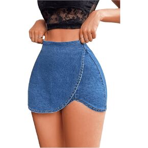 Floerns Women's High Waist Wrap Jean Mini Skorts skinny Asymmetrical Denim Skirt Shorts
