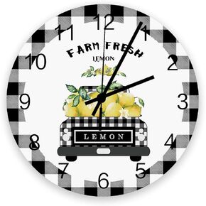 Wooden Round Wall Clock 12'' Silent Battery Operated Non Ticking Clock, Black Grey Buffalo Plaid Farm Truck Carry Lemons Noiseless Office Kitchen Bedroom Wall Clock Home Decor