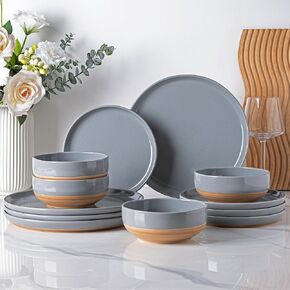 AmorArc Ceramic Dinnerware Sets for 4, 12 Pieces Handpainted Plates and Bowls Set with Rustic Terracotta Underside, Scratch Resistant Stoneware Dishes Set, Dishwasher & Microwave Safe, Cloud Pink
