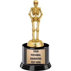 Crown Awards Halloween Trophies with Custom Engraving, 7.25" Personalized Gold Halloween Skeleton Trophy On Deluxe Round Base Prime