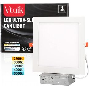 8 inch 1 Pack 18W Dimmable Square LED Can Light Retrofit with Junction Box, 1440lm/CRI85 Ultra Thin LED Downlight 5CCT 2700K-5000K Adjustable with a Simple Switch IC Rated,ETL Certified