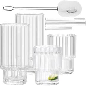 ALINK Ribbed Glassware Drinking Glasses with Straws Set of 4, Vintage Fluted Glassware Iced Coffee Cups, Origami Style Ridged Glass Tumbler for Coocktail, Whiskey, Beer, Water- 2 Brush