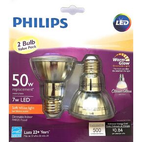 لمبة فيليبس 471243 LED كلاسيكية زجاجية قابلة للتعتيم PAR20 40 درجة مع تأثير توهج دافئ 500 لومن، 2200-2700 كلفن، 7 (ما يعادل 50 واط)، قاعدة E26، أبيض ناعم، عبوتان