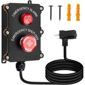 Piggyback Style Emergency Stop Button Kit with Alarm to Respond to Emergencies,Large Stop Sign panel Easy Contact for Fast Power Off for Table Saws and Other Electrical Equipment