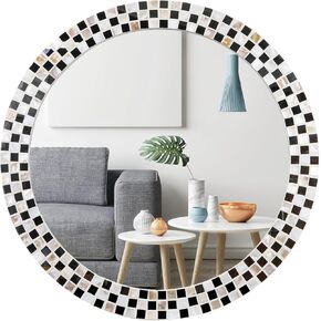 Small Round Mirror 16 Inches, Decorative Wall Mirrors with Natural Mother of Pearl Inlay Wooden Frame, Circle Mirror for Entryway, Bathroom, Vanity, Living Room, White, BY-05