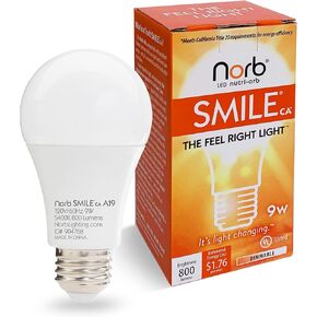 NorbSMILE Full Spectrum Sun Light Bulb - A19 9W, Boosts Energy, Mood & Performance, Supports Circadian Rhythm, Near-Perfect Color Rendering, Imitate Sunlight Indoors, BBB & US Supplier (1-Pack)