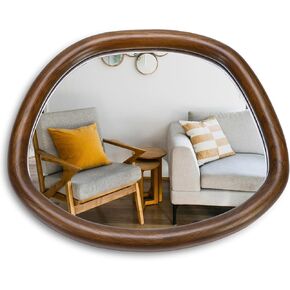 Irregular Wall Mirror, 22 x 24 inch Wall Mirrors Decorative, Asymmetrical Mirror with Wooden Frame, for Bathroom, Living Room, Entryway (Brown Walnut)