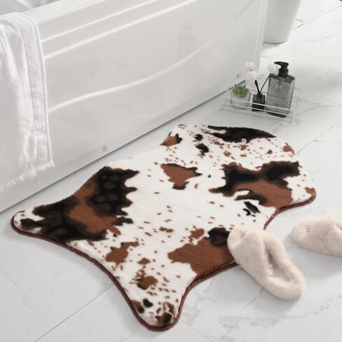 Cute Cow Bathroom Rug, 24''×47'' Animal Skin Soft and Thick Bath Mat, Faux Funny Rabbit Fur Area Rug, Non-Slip Bathroom Decor, Absorbent Flocked Carpet for Living Room Bathtub (Coffee) in Saudi Arabia