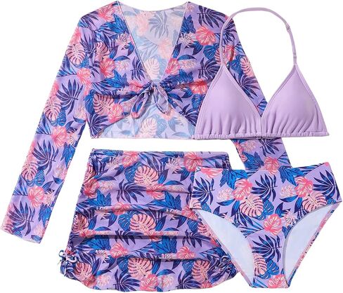RoseSeek Girl's 4 Piece Tropical Bikini Set Boho Halter Wireless Swimsuit Bathing Suit Set with Swim Cover Up in Saudi Arabia