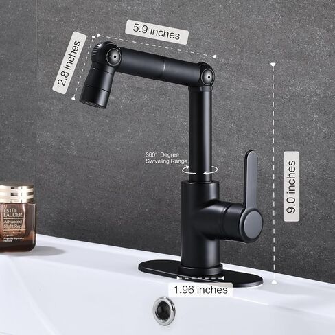 HUAHUALALA أسود غير لامع 360 درجة دوارة حنفيات حوض الحمام، صنابير الحمام للحوض فتحة واحدة، صنبور الغرور بمقبض واحد مع لوحة سطح السفينة، صنبور دوران زاوية كبيرة in Kuwait