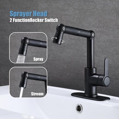 HUAHUALALA أسود غير لامع 360 درجة دوارة حنفيات حوض الحمام، صنابير الحمام للحوض فتحة واحدة، صنبور الغرور بمقبض واحد مع لوحة سطح السفينة، صنبور دوران زاوية كبيرة in Kuwait