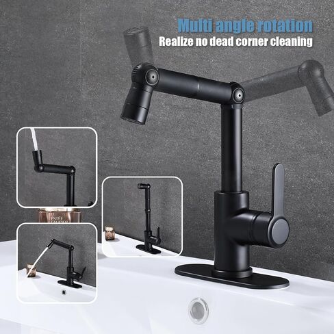 HUAHUALALA أسود غير لامع 360 درجة دوارة حنفيات حوض الحمام، صنابير الحمام للحوض فتحة واحدة، صنبور الغرور بمقبض واحد مع لوحة سطح السفينة، صنبور دوران زاوية كبيرة in Kuwait
