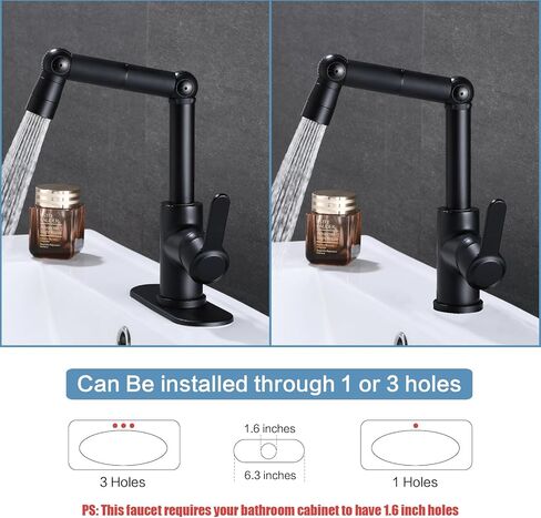 HUAHUALALA أسود غير لامع 360 درجة دوارة حنفيات حوض الحمام، صنابير الحمام للحوض فتحة واحدة، صنبور الغرور بمقبض واحد مع لوحة سطح السفينة، صنبور دوران زاوية كبيرة in Kuwait
